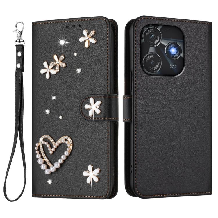 For Tecno Spark 10C / 10 4G ZS01 Double-Layer Heart Floral Vegan Leather Phone Case with Wrist Strap