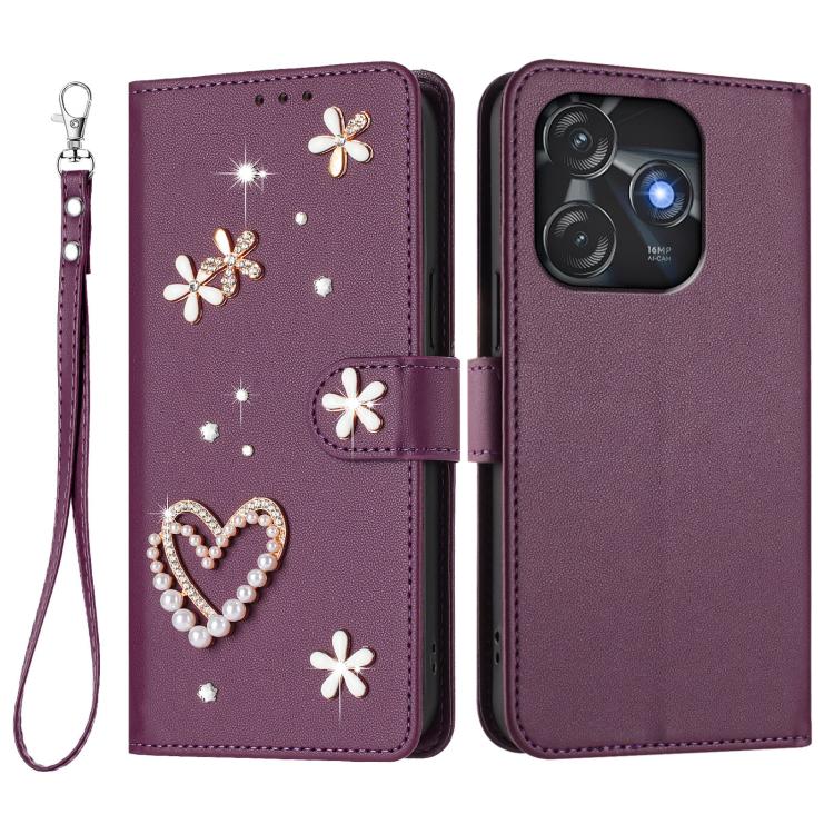 For Tecno Spark 10C / 10 4G ZS01 Double-Layer Heart Floral Vegan Leather Phone Case with Wrist Strap