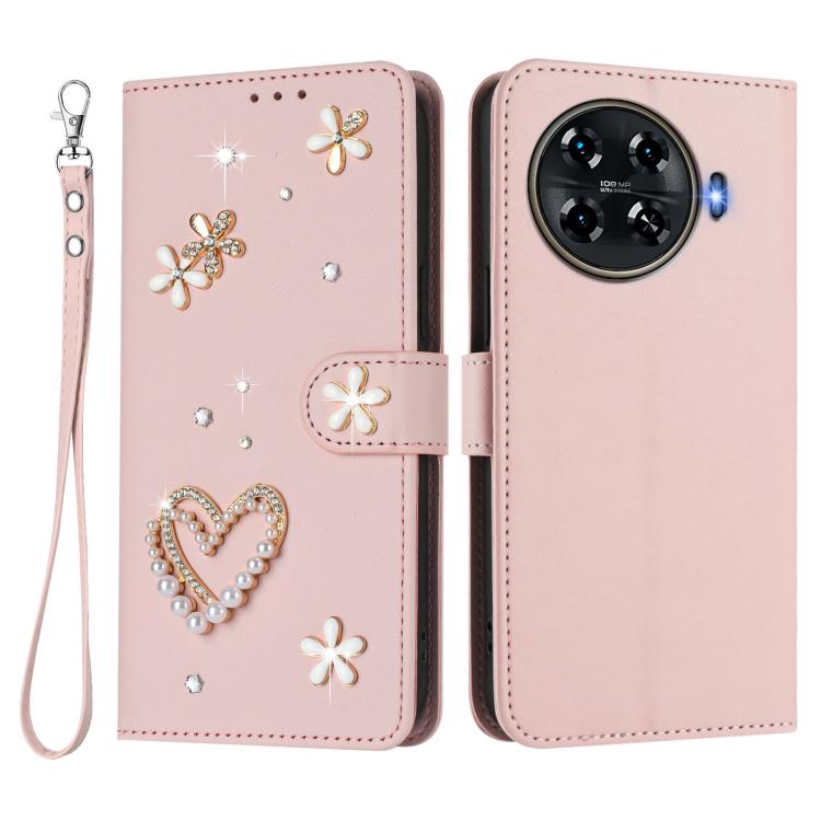 For Tecno Spark 20 Pro+ 4G ZS01 Double-Layer Heart Floral Vegan Leather Phone Case with Wrist Strap