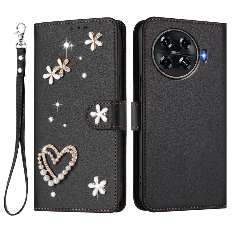 For Tecno Spark 20 Pro+ 4G ZS01 Double-Layer Heart Floral Vegan Leather Phone Case with Wrist Strap