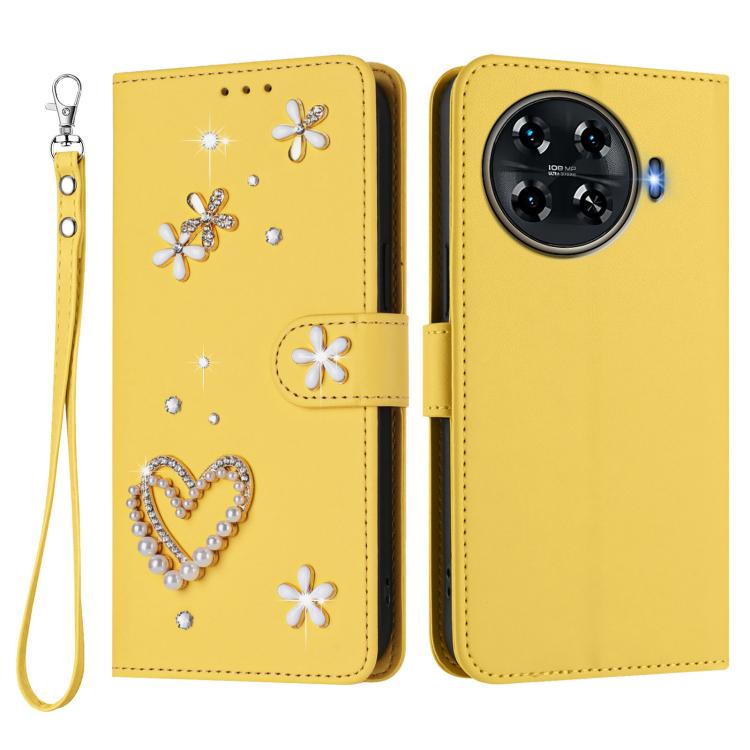 For Tecno Spark 20 Pro+ 4G ZS01 Double-Layer Heart Floral Vegan Leather Phone Case with Wrist Strap