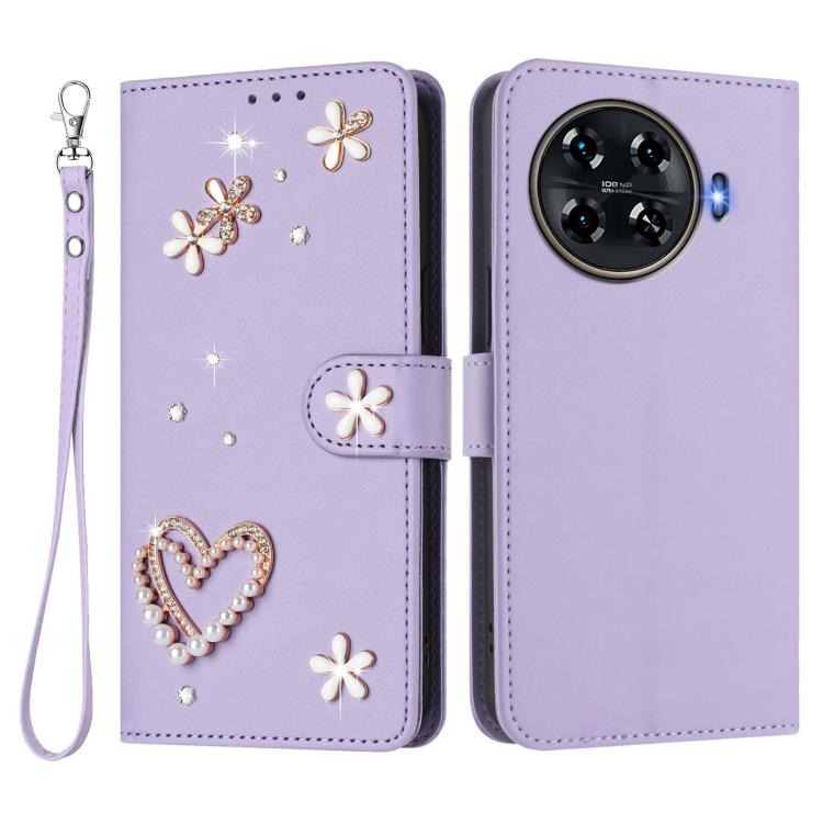 For Tecno Spark 20 Pro+ 4G ZS01 Double-Layer Heart Floral Vegan Leather Phone Case with Wrist Strap