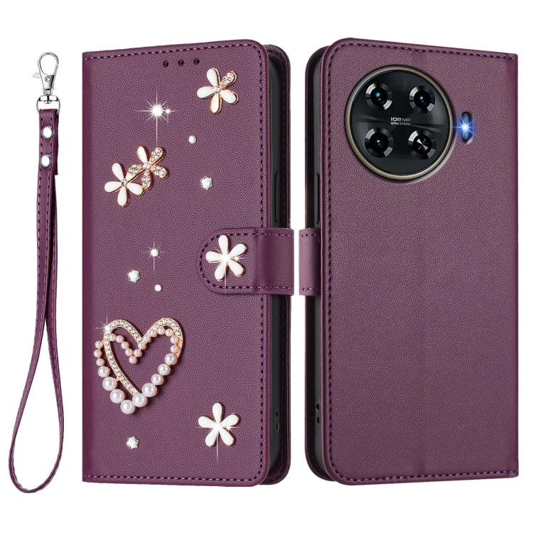 For Tecno Spark 20 Pro+ 4G ZS01 Double-Layer Heart Floral Vegan Leather Phone Case with Wrist Strap