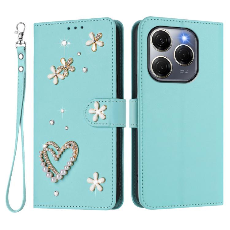 For Tecno Spark 20 Pro 5G ZS01 Double-Layer Heart Floral Vegan Leather Phone Case with Wrist Strap