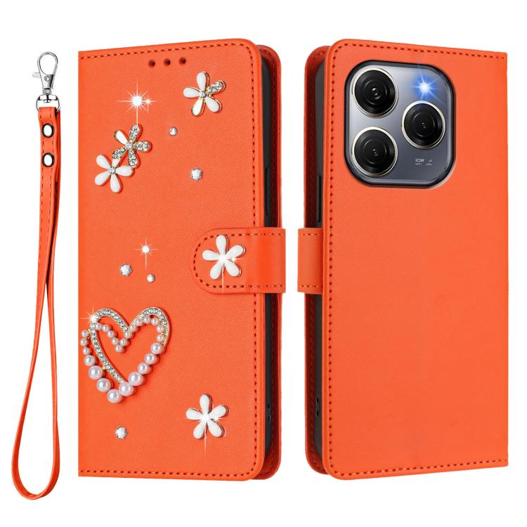 For Tecno Spark 20 Pro 5G ZS01 Double-Layer Heart Floral Vegan Leather Phone Case with Wrist Strap