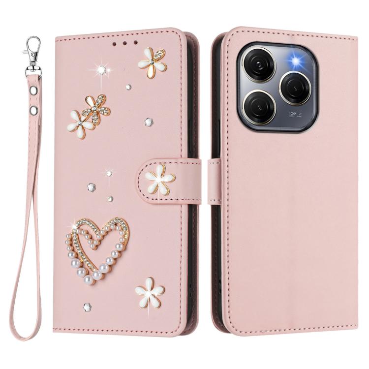 For Tecno Spark 20 Pro 5G ZS01 Double-Layer Heart Floral Vegan Leather Phone Case with Wrist Strap