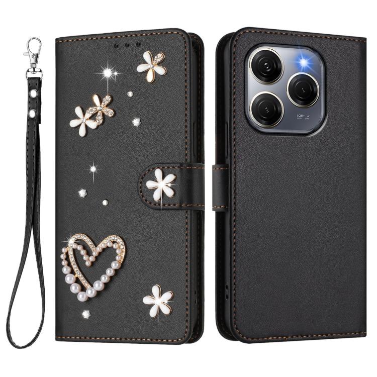 For Tecno Spark 20 Pro 5G ZS01 Double-Layer Heart Floral Vegan Leather Phone Case with Wrist Strap