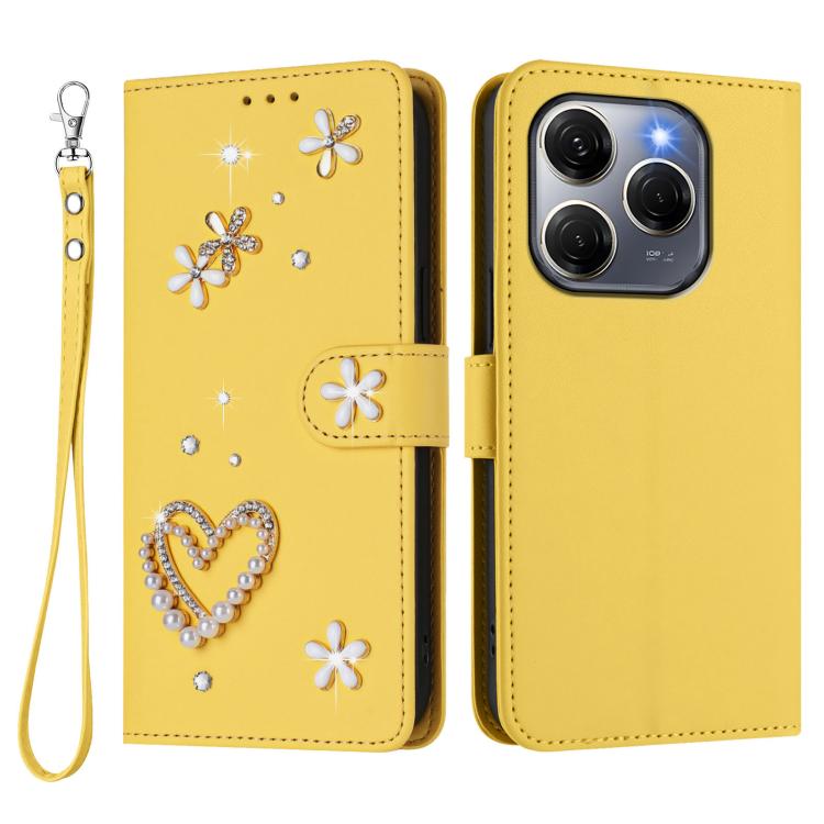 For Tecno Spark 20 Pro 5G ZS01 Double-Layer Heart Floral Vegan Leather Phone Case with Wrist Strap