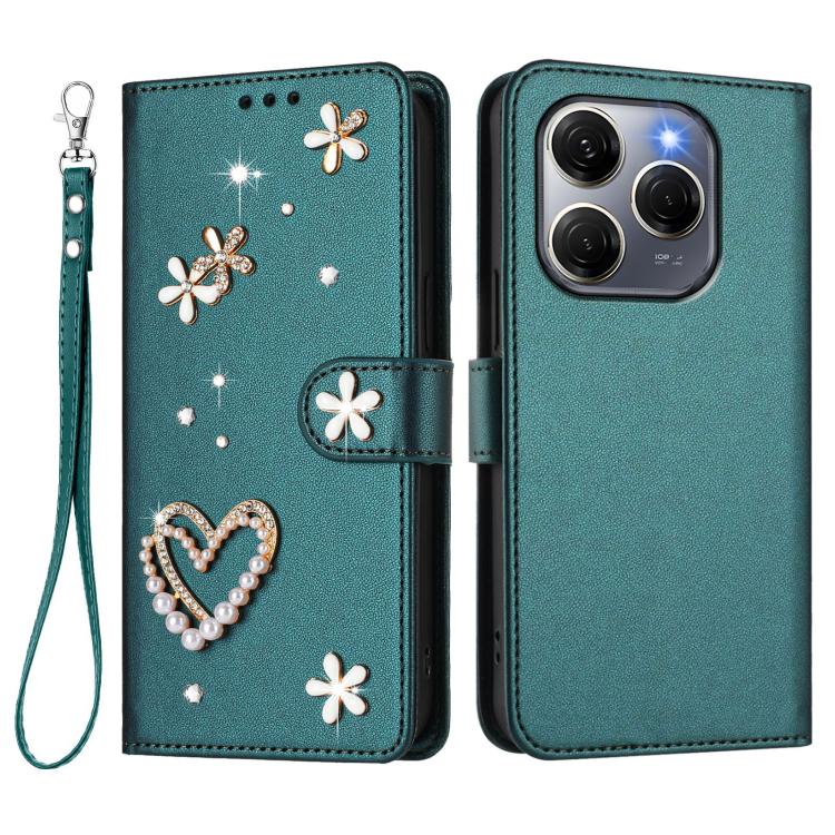 For Tecno Spark 20 Pro 5G ZS01 Double-Layer Heart Floral Vegan Leather Phone Case with Wrist Strap