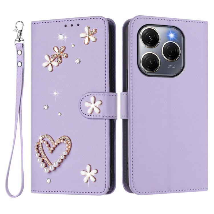 For Tecno Spark 20 Pro 5G ZS01 Double-Layer Heart Floral Vegan Leather Phone Case with Wrist Strap