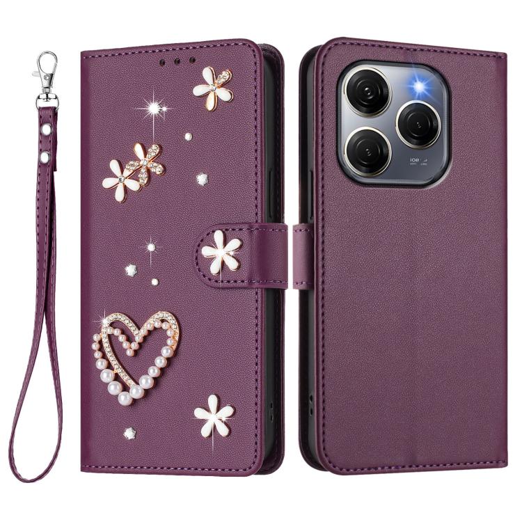 For Tecno Spark 20 Pro 5G ZS01 Double-Layer Heart Floral Vegan Leather Phone Case with Wrist Strap