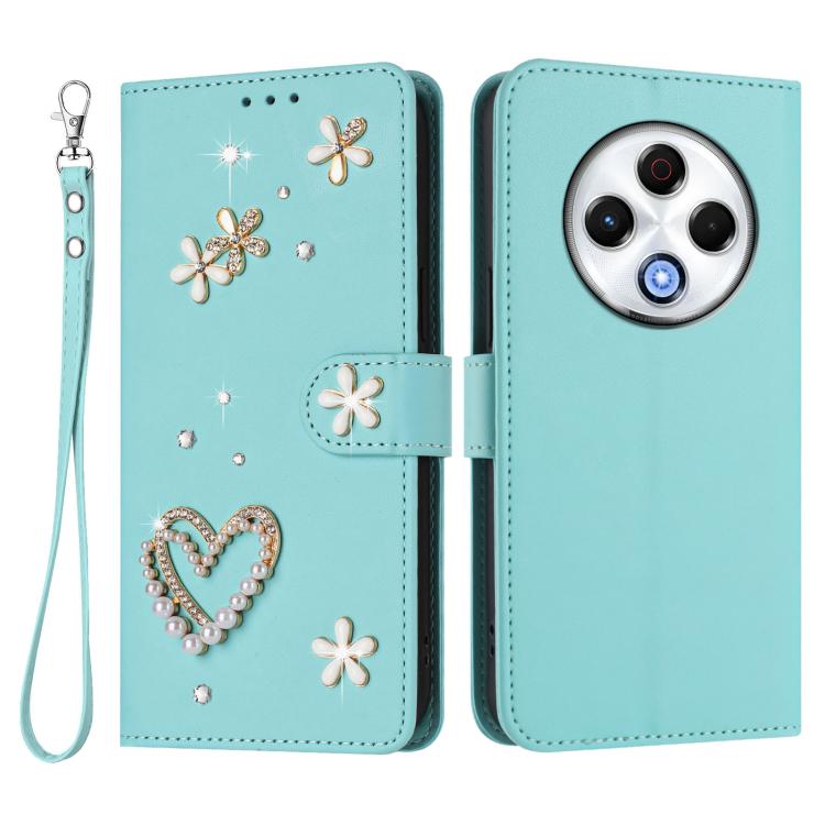 For Tecno Spark 30 4G ZS01 Double-Layer Heart Floral Vegan Leather Phone Case with Wrist Strap