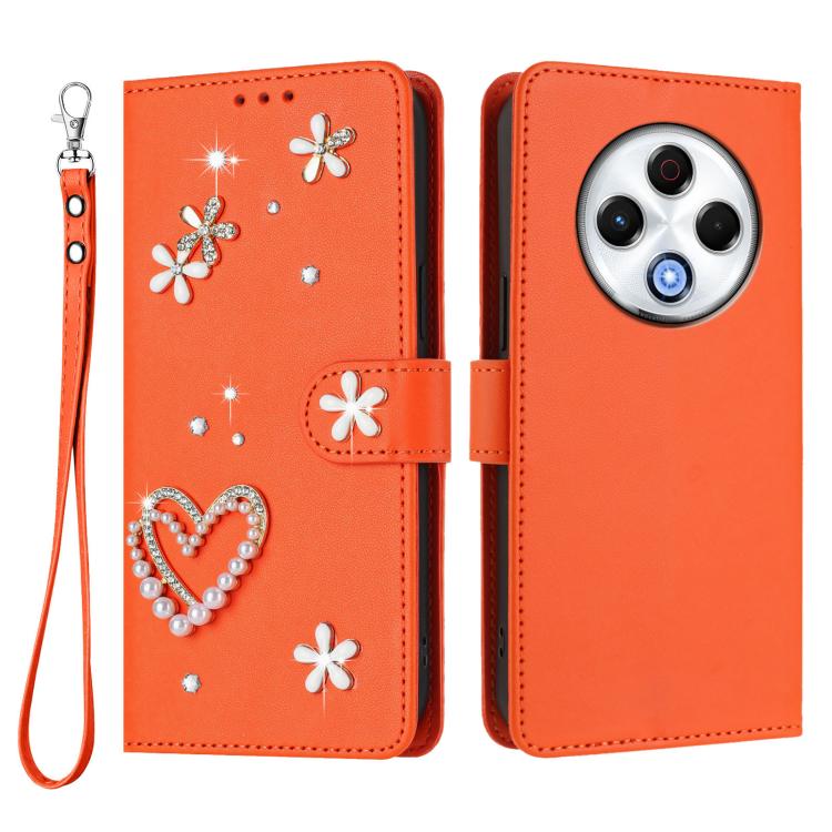 For Tecno Spark 30 4G ZS01 Double-Layer Heart Floral Vegan Leather Phone Case with Wrist Strap