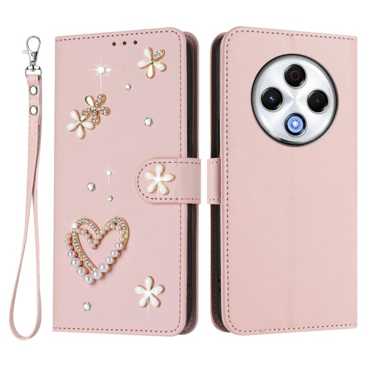 For Tecno Spark 30 4G ZS01 Double-Layer Heart Floral Vegan Leather Phone Case with Wrist Strap