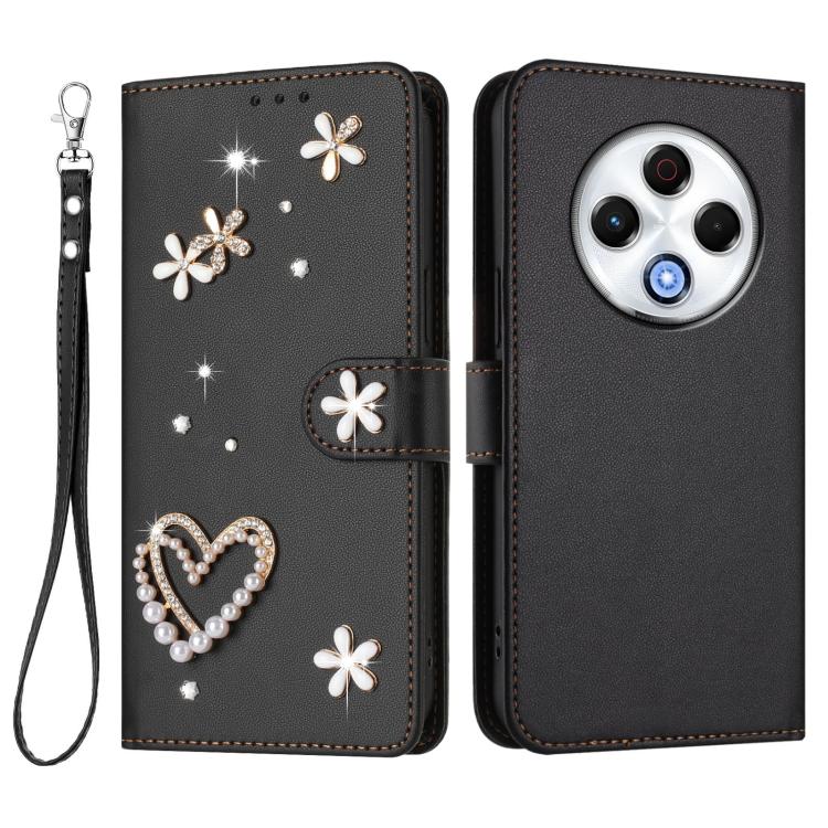 For Tecno Spark 30 4G ZS01 Double-Layer Heart Floral Vegan Leather Phone Case with Wrist Strap