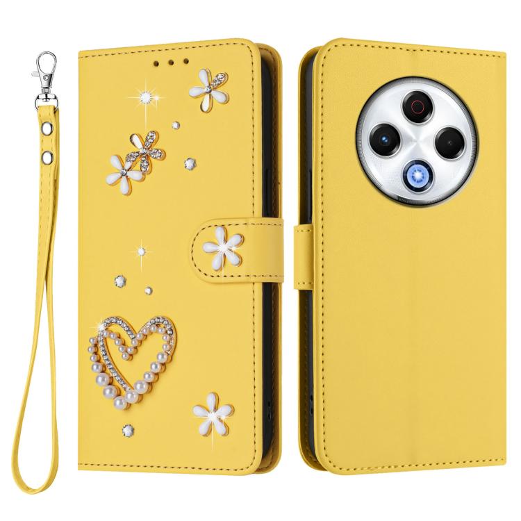 For Tecno Spark 30 4G ZS01 Double-Layer Heart Floral Vegan Leather Phone Case with Wrist Strap