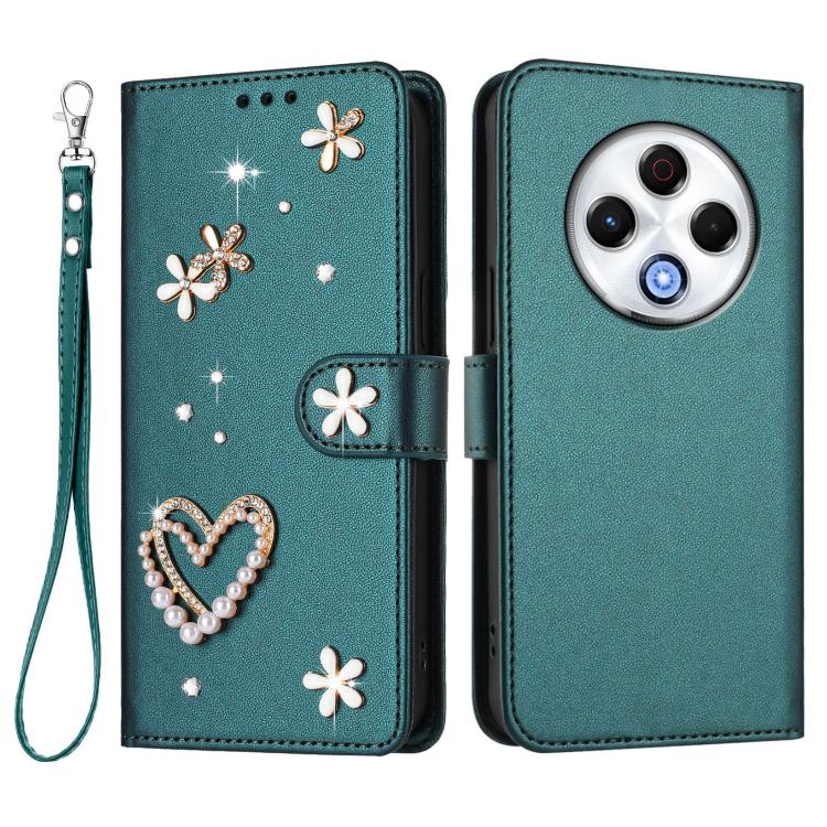For Tecno Spark 30 4G ZS01 Double-Layer Heart Floral Vegan Leather Phone Case with Wrist Strap