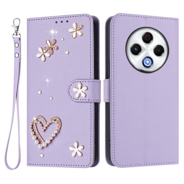 For Tecno Spark 30 4G ZS01 Double-Layer Heart Floral Vegan Leather Phone Case with Wrist Strap