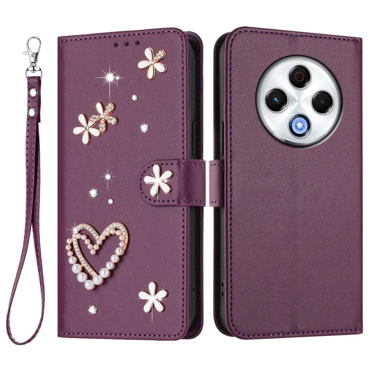 For Tecno Spark 30 4G ZS01 Double-Layer Heart Floral Vegan Leather Phone Case with Wrist Strap