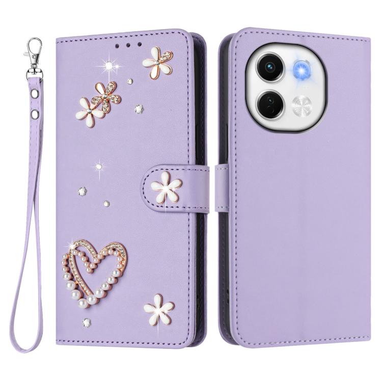 For Tecno Spark 30 5G / Pova 6 Neo 5G ZS01 Double-Layer Heart Floral Vegan Leather Phone Case with Wrist Strap