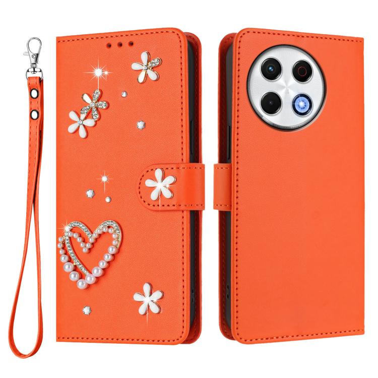 For Tecno Spark 30 Pro 4G ZS01 Double-Layer Heart Floral Vegan Leather Phone Case with Wrist Strap