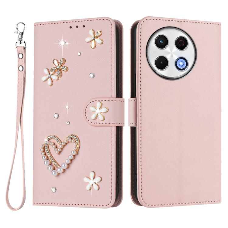 For Tecno Spark 30 Pro 4G ZS01 Double-Layer Heart Floral Vegan Leather Phone Case with Wrist Strap