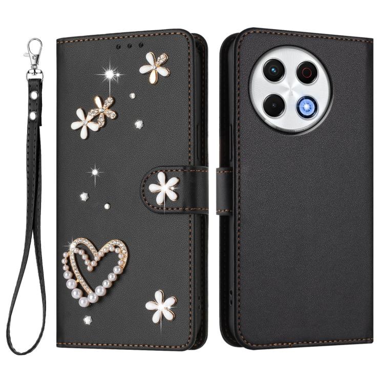 For Tecno Spark 30 Pro 4G ZS01 Double-Layer Heart Floral Vegan Leather Phone Case with Wrist Strap