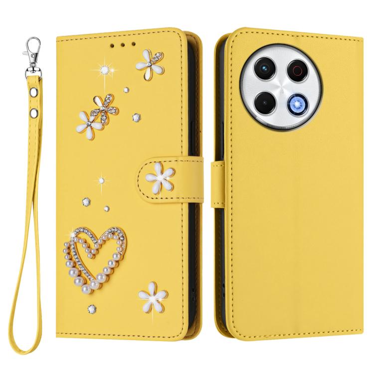 For Tecno Spark 30 Pro 4G ZS01 Double-Layer Heart Floral Vegan Leather Phone Case with Wrist Strap