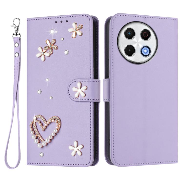 For Tecno Spark 30 Pro 4G ZS01 Double-Layer Heart Floral Vegan Leather Phone Case with Wrist Strap
