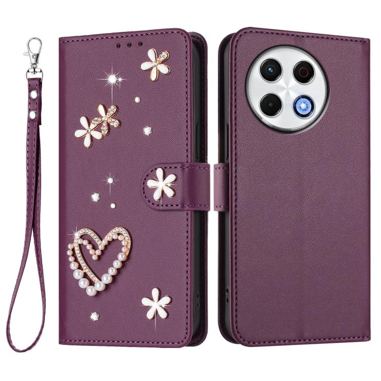 For Tecno Spark 30 Pro 4G ZS01 Double-Layer Heart Floral Vegan Leather Phone Case with Wrist Strap