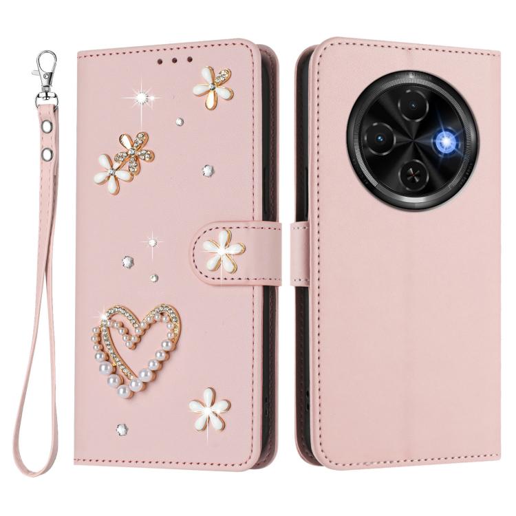 For Tecno Spark 30C 4G ZS01 Double-Layer Heart Floral Vegan Leather Phone Case with Wrist Strap