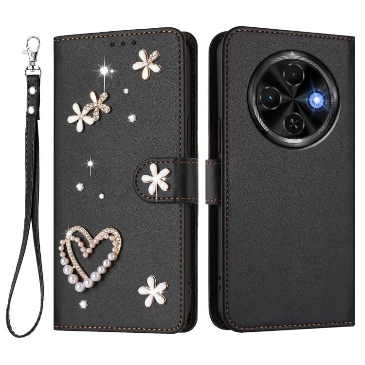 For Tecno Spark 30C 4G ZS01 Double-Layer Heart Floral Vegan Leather Phone Case with Wrist Strap