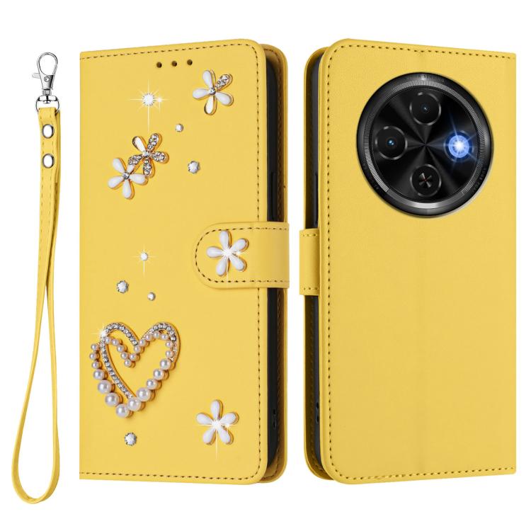 For Tecno Spark 30C 4G ZS01 Double-Layer Heart Floral Vegan Leather Phone Case with Wrist Strap
