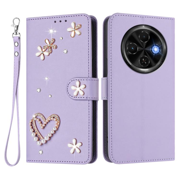 For Tecno Spark 30C 4G ZS01 Double-Layer Heart Floral Vegan Leather Phone Case with Wrist Strap
