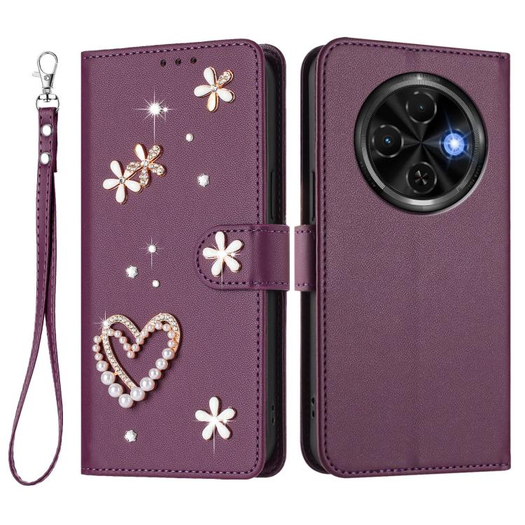 For Tecno Spark 30C 4G ZS01 Double-Layer Heart Floral Vegan Leather Phone Case with Wrist Strap