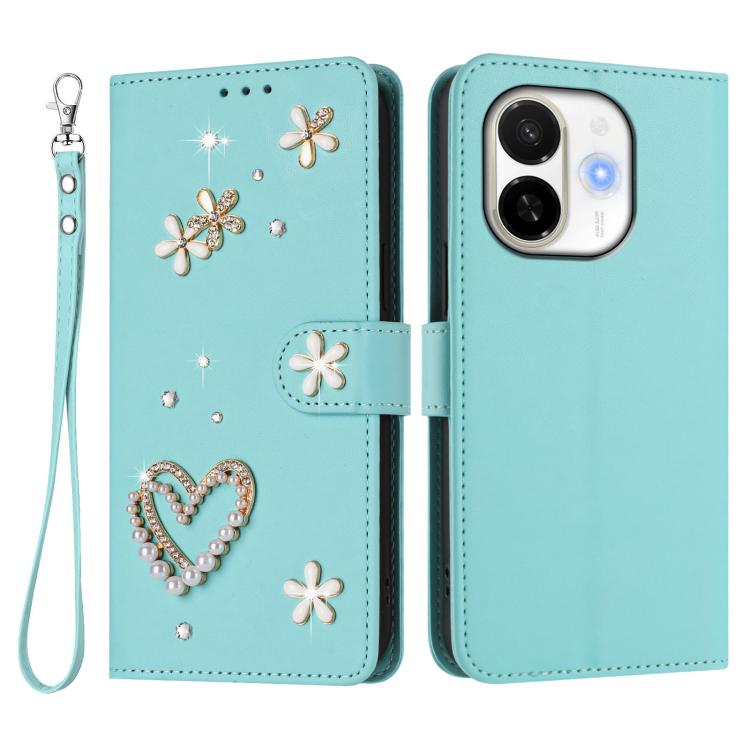 For Tecno Spark 30C 5G / Pop 9 5G ZS01 Double-Layer Heart Floral Vegan Leather Phone Case with Wrist Strap