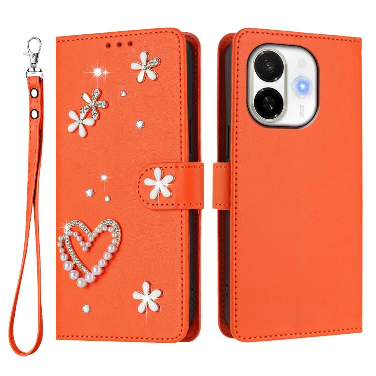 For Tecno Spark 30C 5G / Pop 9 5G ZS01 Double-Layer Heart Floral Vegan Leather Phone Case with Wrist Strap