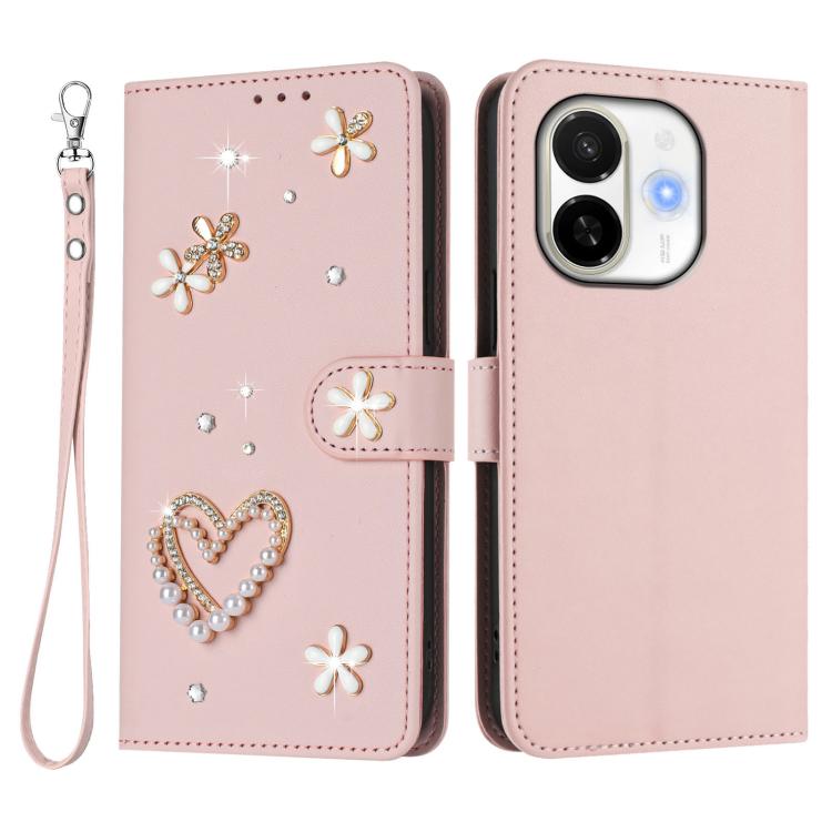 For Tecno Spark 30C 5G / Pop 9 5G ZS01 Double-Layer Heart Floral Vegan Leather Phone Case with Wrist Strap