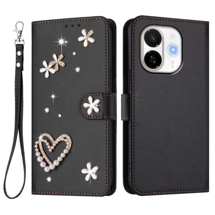 For Tecno Spark 30C 5G / Pop 9 5G ZS01 Double-Layer Heart Floral Vegan Leather Phone Case with Wrist Strap