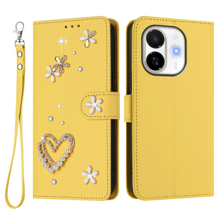For Tecno Spark 30C 5G / Pop 9 5G ZS01 Double-Layer Heart Floral Vegan Leather Phone Case with Wrist Strap