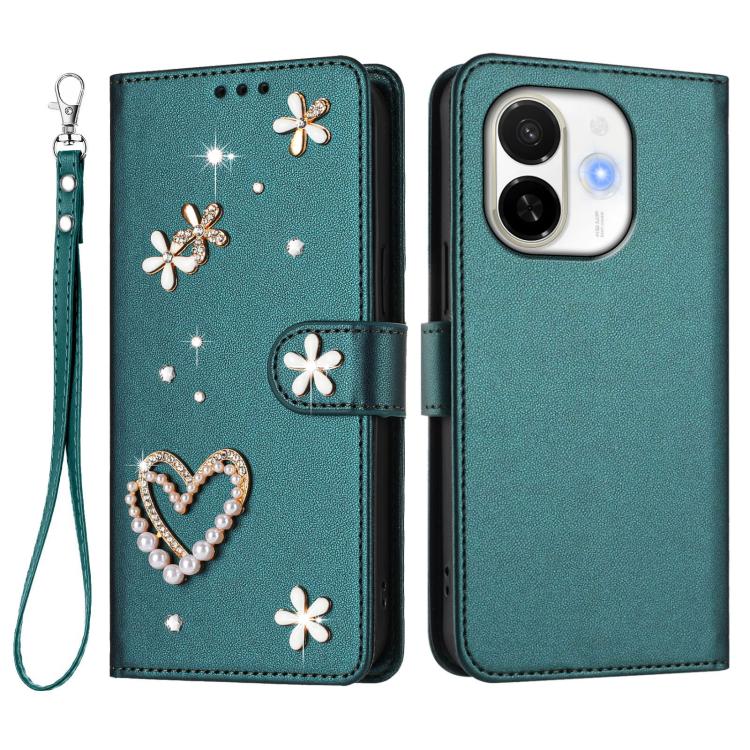 For Tecno Spark 30C 5G / Pop 9 5G ZS01 Double-Layer Heart Floral Vegan Leather Phone Case with Wrist Strap