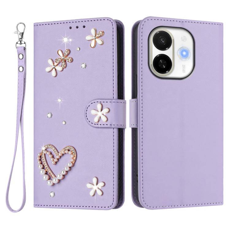 For Tecno Spark 30C 5G / Pop 9 5G ZS01 Double-Layer Heart Floral Vegan Leather Phone Case with Wrist Strap