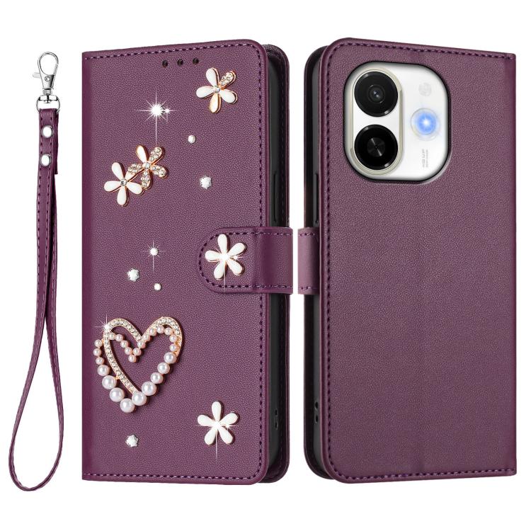 For Tecno Spark 30C 5G / Pop 9 5G ZS01 Double-Layer Heart Floral Vegan Leather Phone Case with Wrist Strap