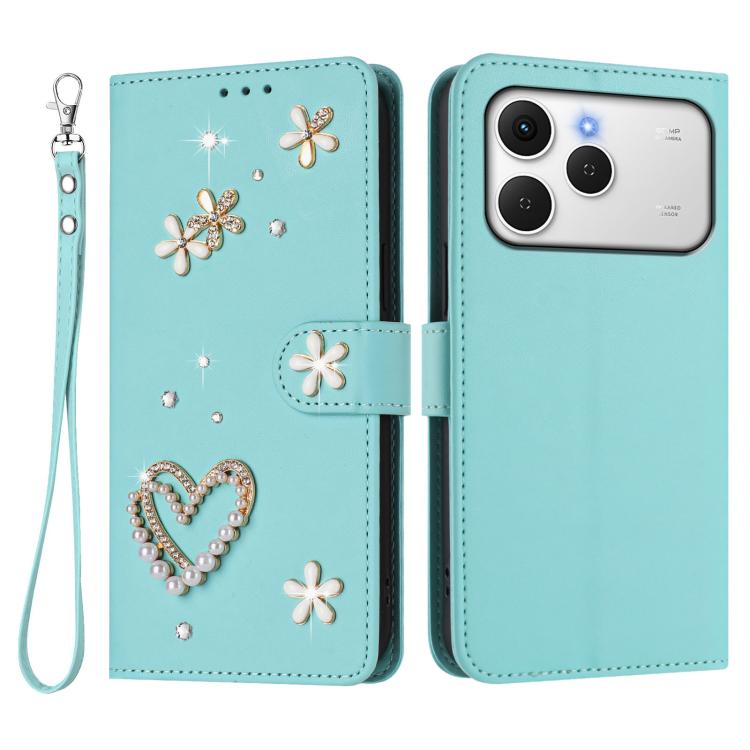 For Tecno Spark 40 4G ZS01 Double-Layer Heart Floral Vegan Leather Phone Case with Wrist Strap
