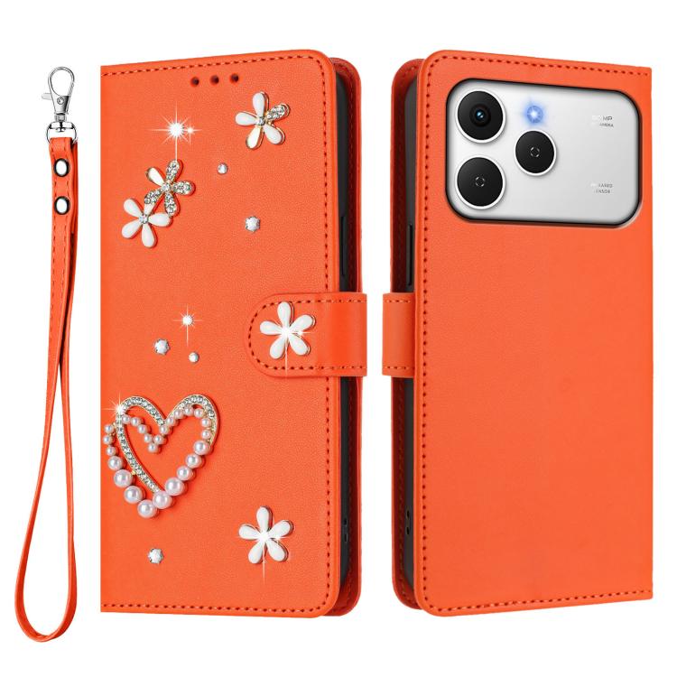 For Tecno Spark 40 4G ZS01 Double-Layer Heart Floral Vegan Leather Phone Case with Wrist Strap