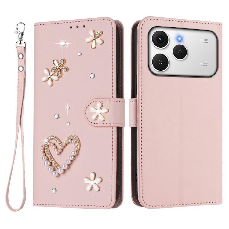For Tecno Spark 40 4G ZS01 Double-Layer Heart Floral Vegan Leather Phone Case with Wrist Strap