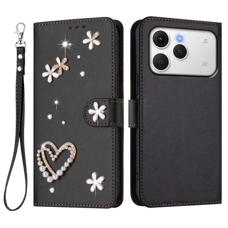 For Tecno Spark 40 4G ZS01 Double-Layer Heart Floral Vegan Leather Phone Case with Wrist Strap