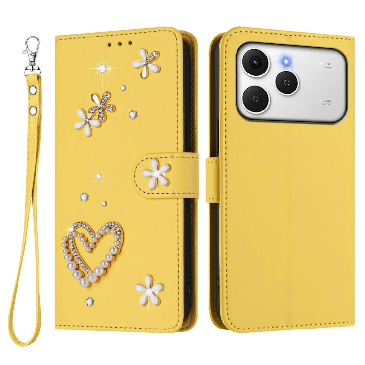 For Tecno Spark 40 4G ZS01 Double-Layer Heart Floral Vegan Leather Phone Case with Wrist Strap