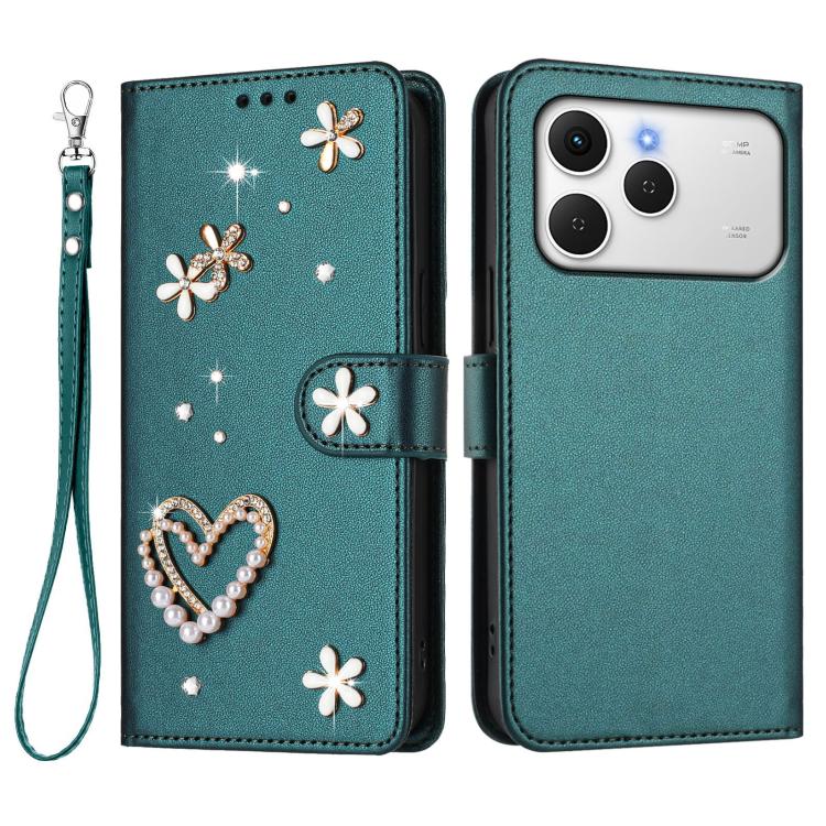 For Tecno Spark 40 4G ZS01 Double-Layer Heart Floral Vegan Leather Phone Case with Wrist Strap