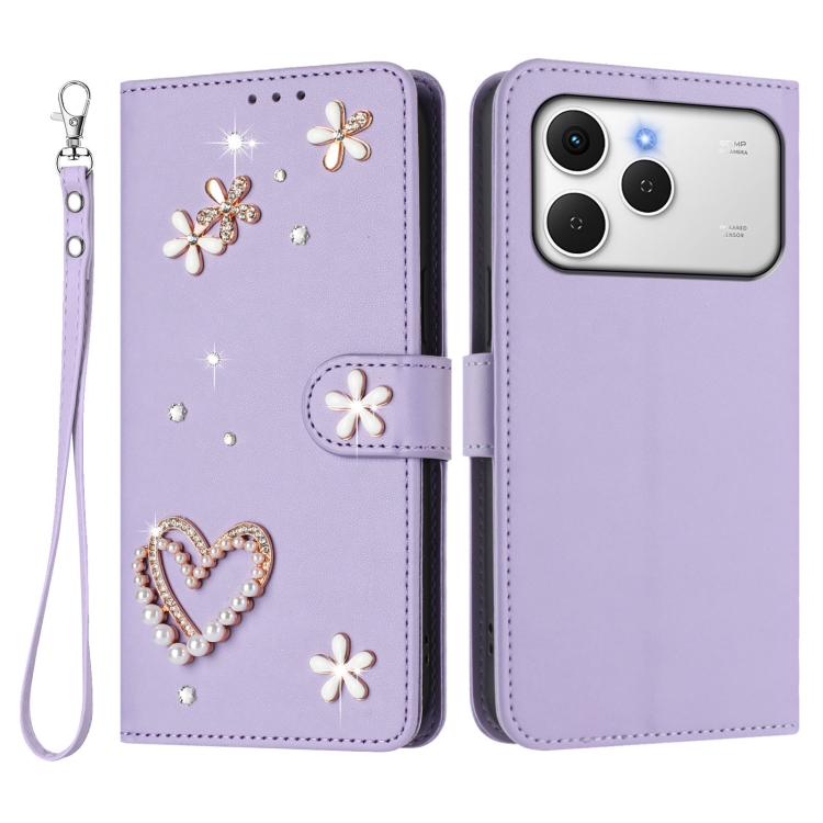 For Tecno Spark 40 4G ZS01 Double-Layer Heart Floral Vegan Leather Phone Case with Wrist Strap